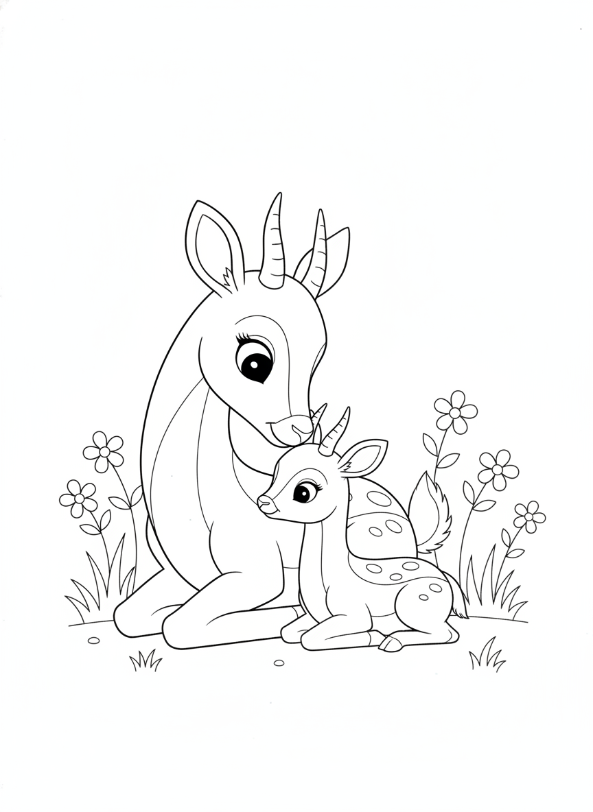 Adorable Baby Gazelle & Mother: A Heartwarming Coloring Page for Kids