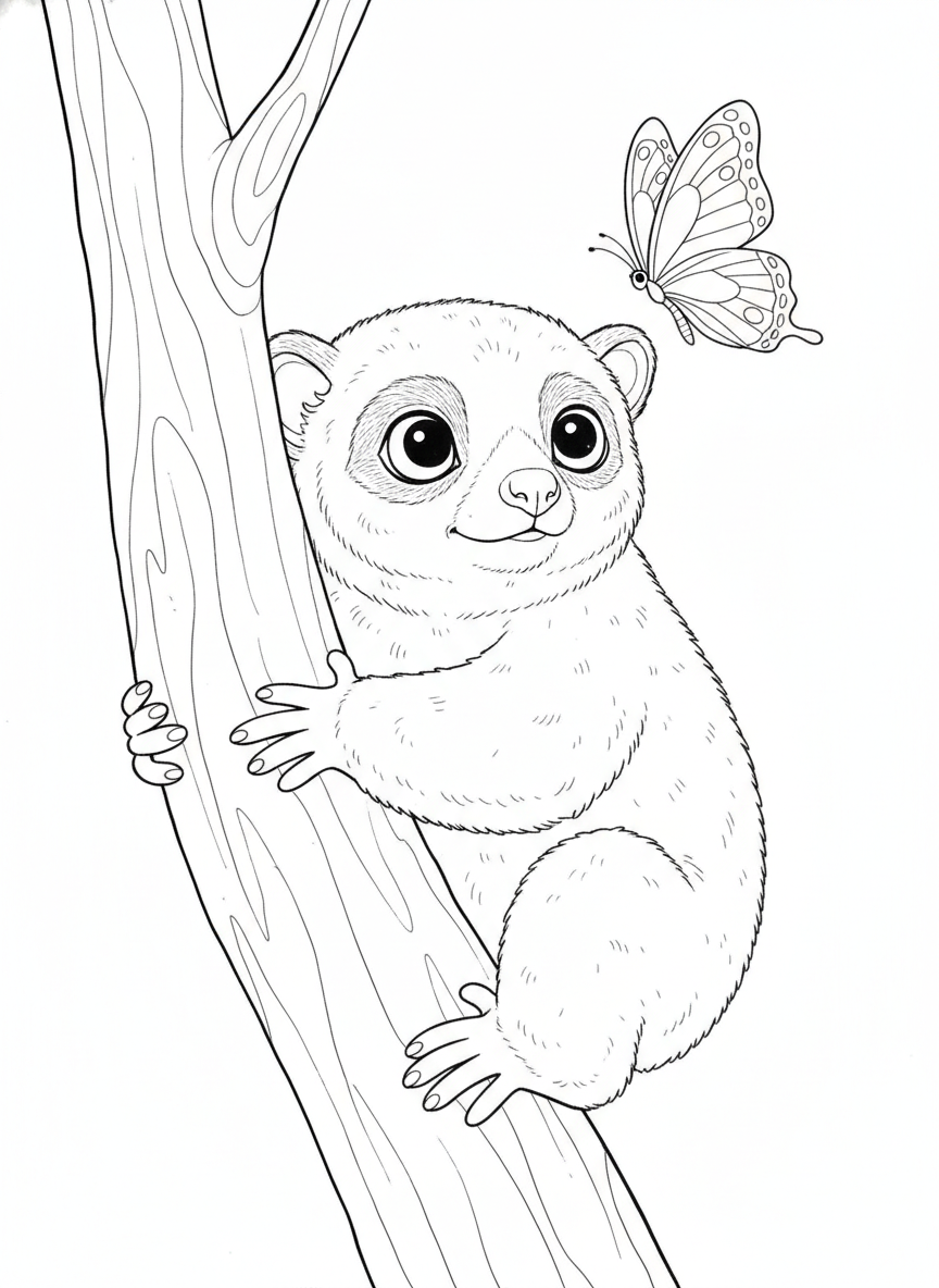 Adorable Baby Slow Loris and Butterfly Coloring Page for Kids