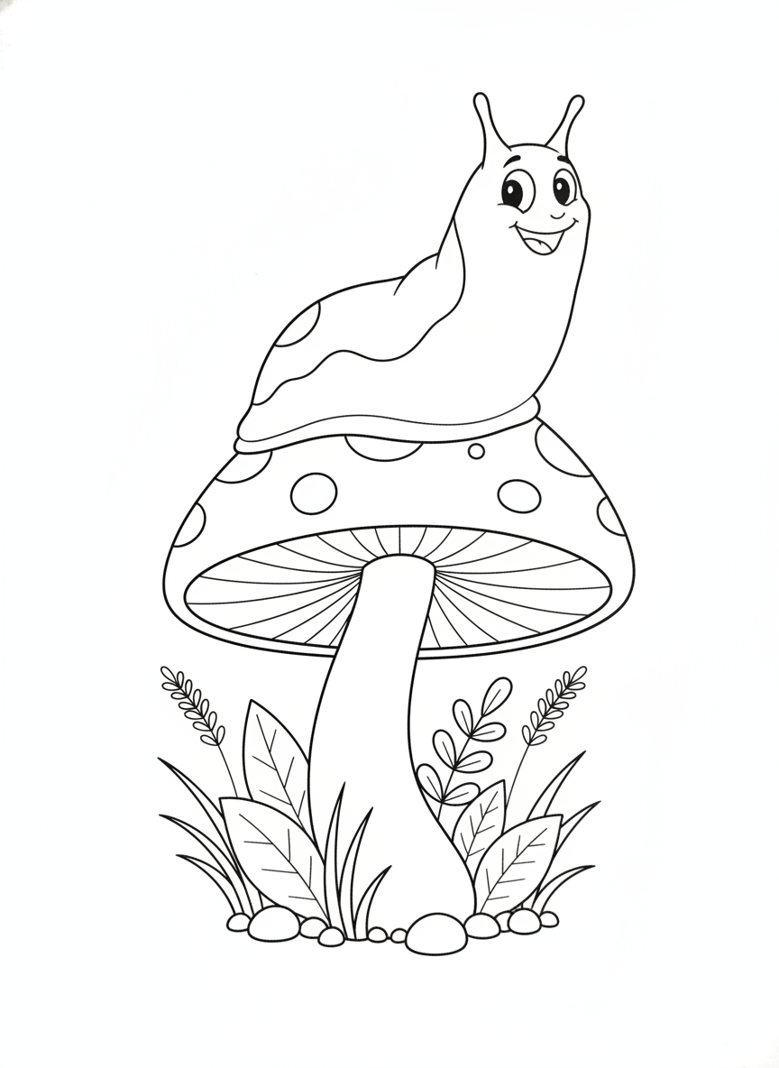 Adorable Banana Slug on a Whimsical Mushroom Coloring Page for Kids