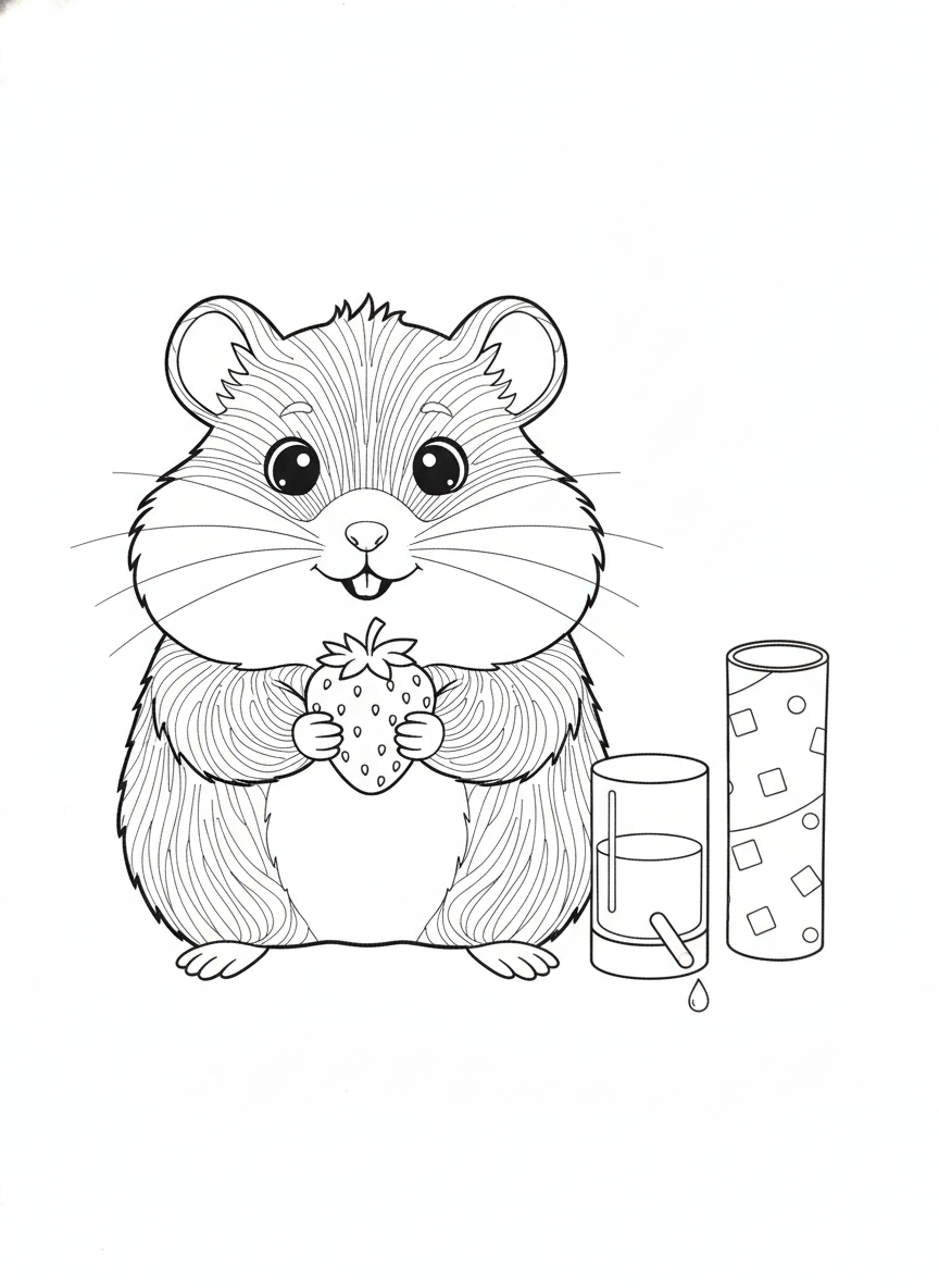 Adorable Hamster with Strawberry Coloring Page for Kids