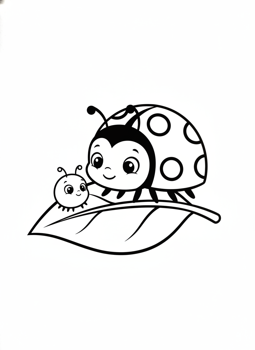Adorable Ladybug and Aphid on a Leaf Coloring Page for Kids