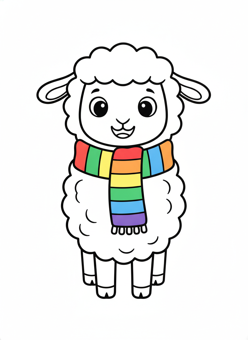Adorable Lamb with Rainbow Scarf Coloring Page for Kids