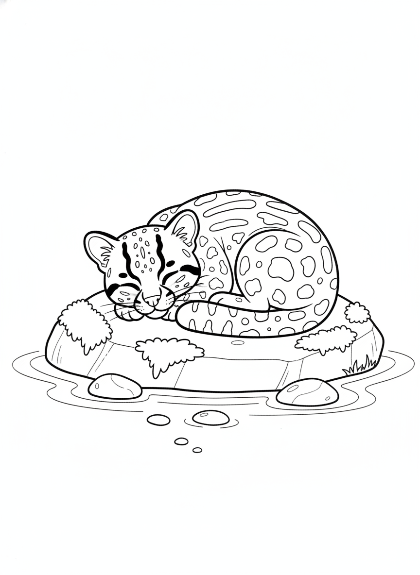 Adorable Leopard Cat Sleeping on a River Stone Coloring Page for Kids
