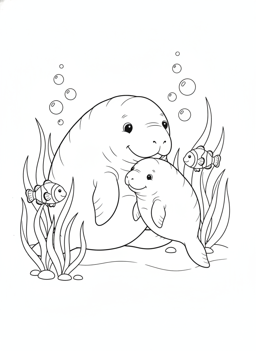 Adorable Mommy & Baby Dugong Underwater Coloring Page for Kids