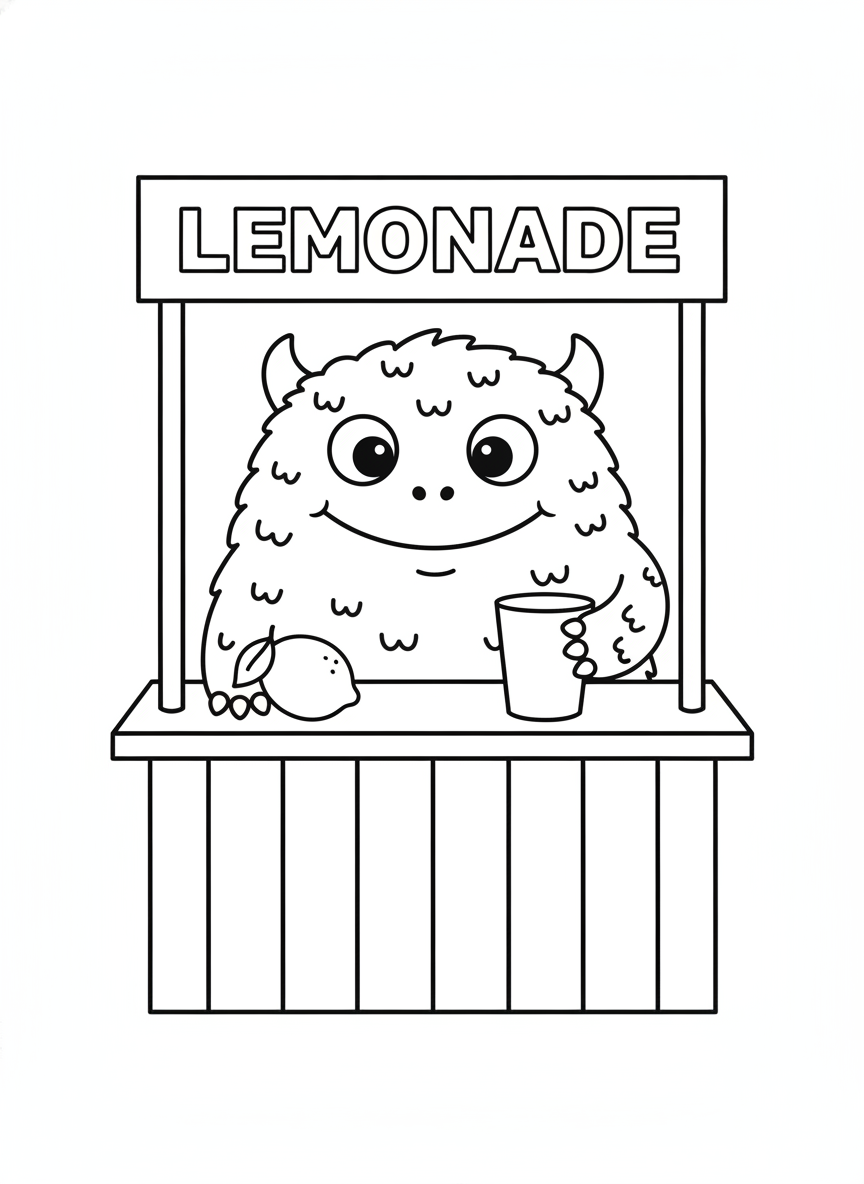 Adorable Monster's Lemonade Stand Coloring Page for Kids