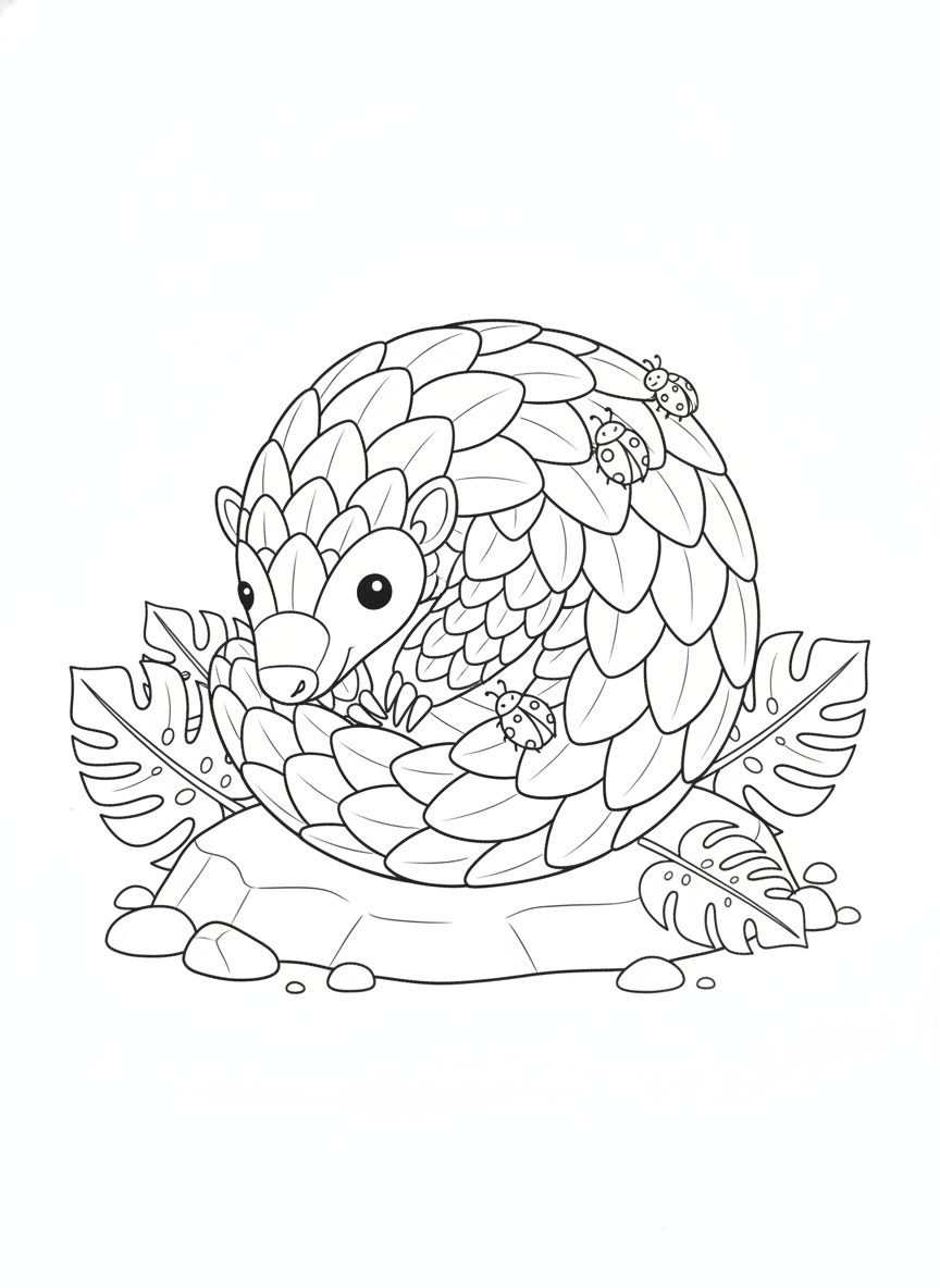 Adorable Pangolin Ball with Playful Ladybugs Coloring Page for Kids