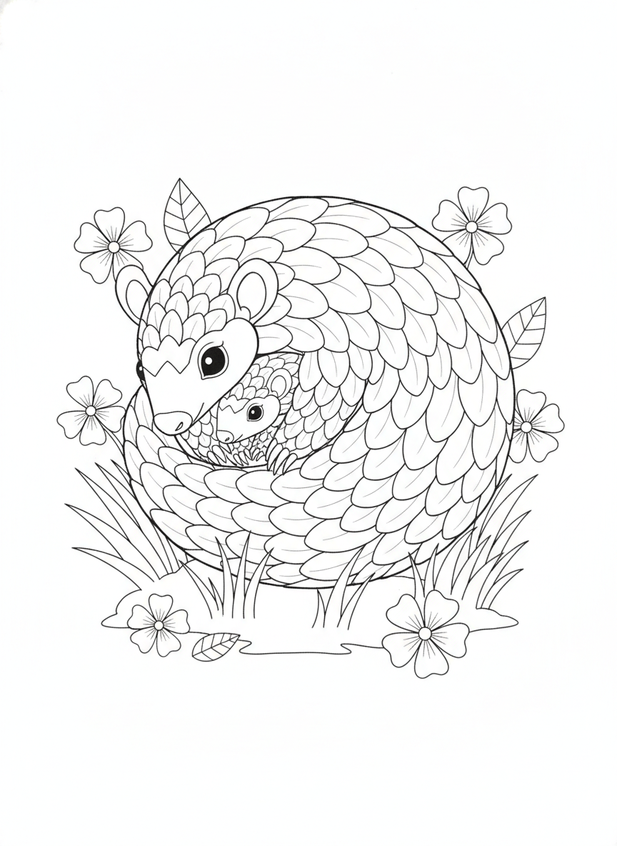Adorable Pangolin Mother and Baby Coloring Page for Kids