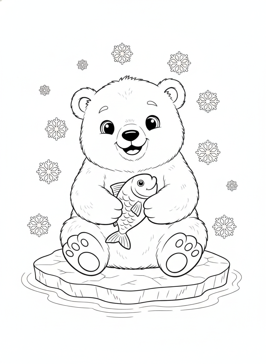 Adorable Polar Bear Cub with Fish on Ice Floe Coloring Page
