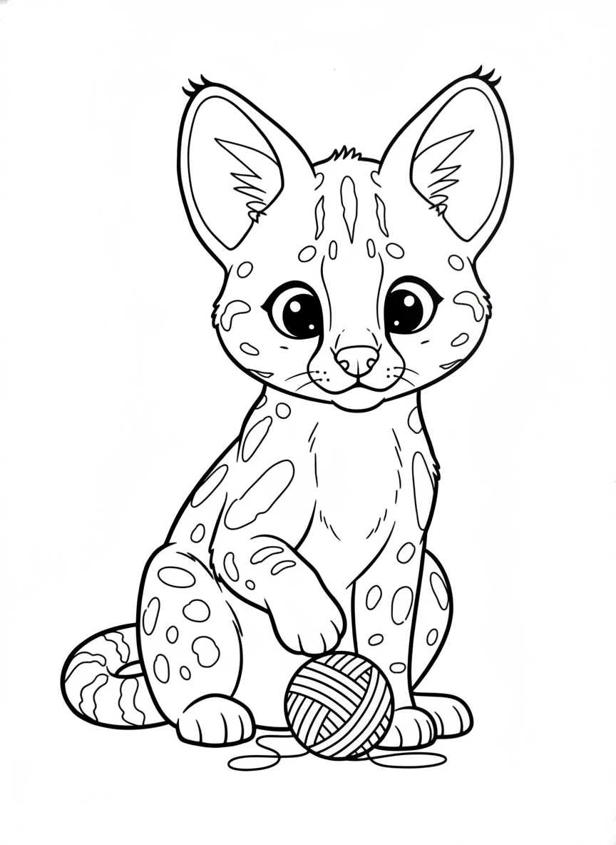 Adorable Serval Cub Playing with Yarn Ball Coloring Page for Kids