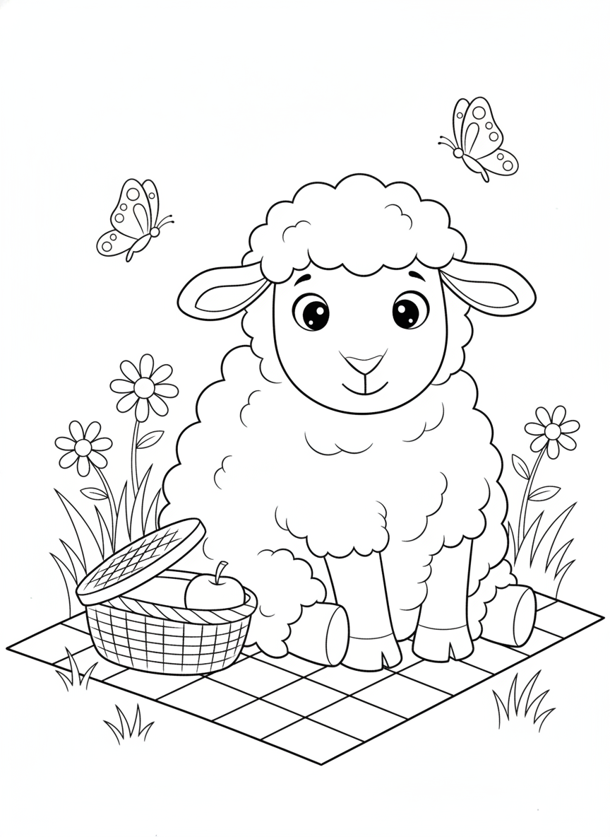 Adorable Sheep Picnic: A Charming Coloring Page for Kids