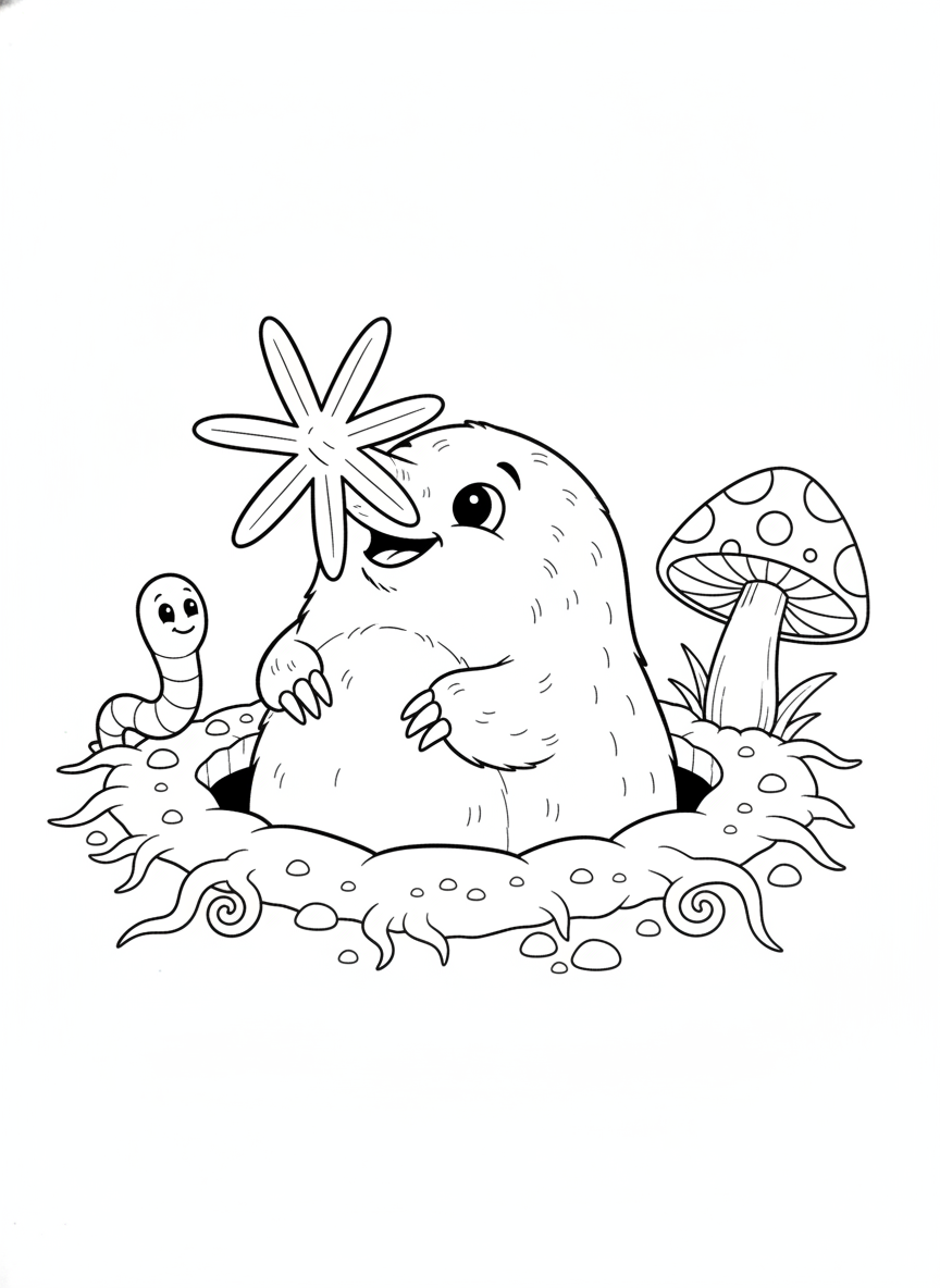 Adorable Star-Nosed Mole in Burrow Coloring Page for Kids