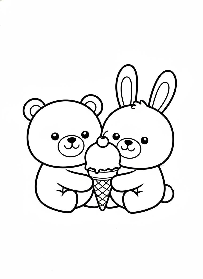 Adorable Teddy Bear & Bunny Sharing Ice Cream Coloring Page