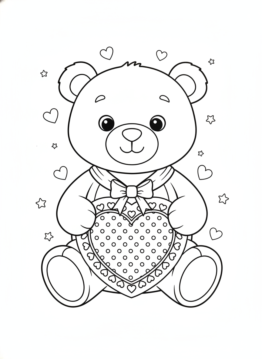 Adorable Teddy Bear with Heart Medal Coloring Page for Kids