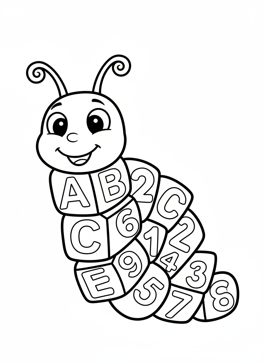 字母數字毛毛蟲著色頁