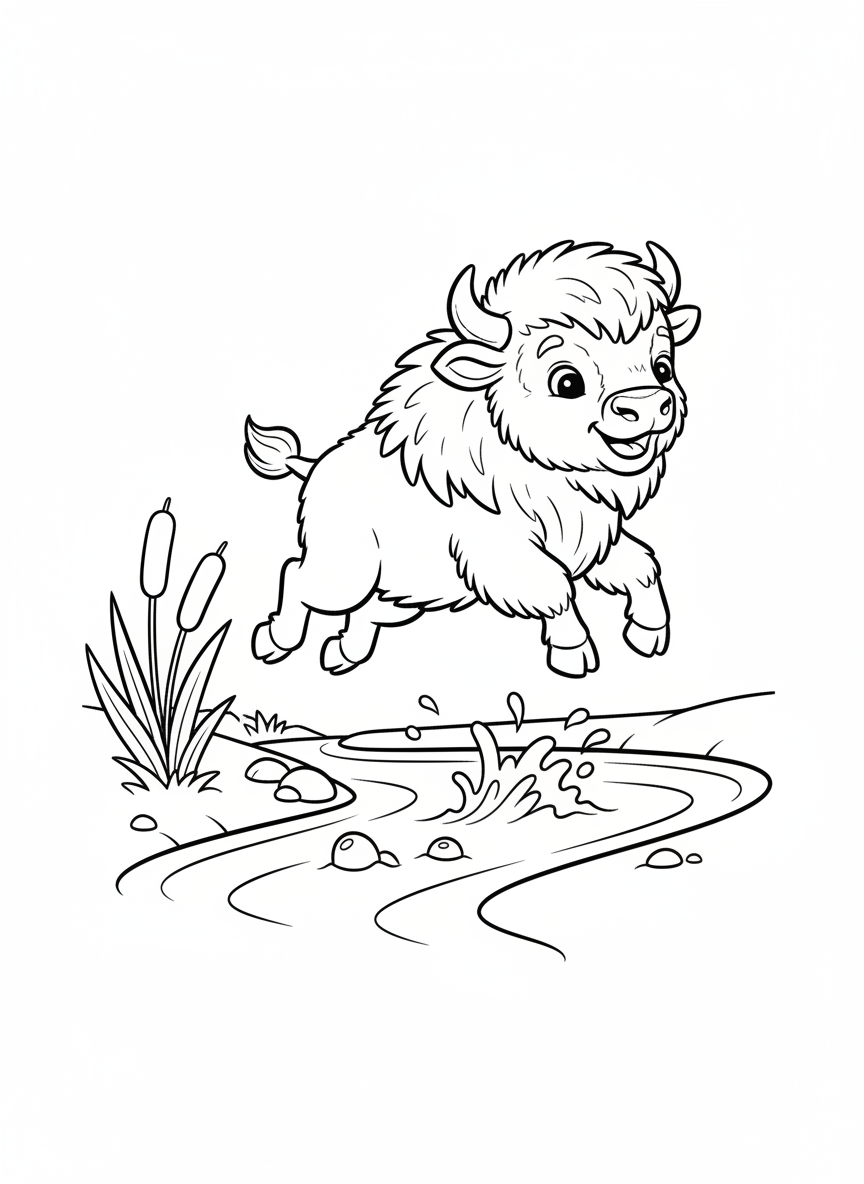 Baby Bison's Joyful Stream Jump