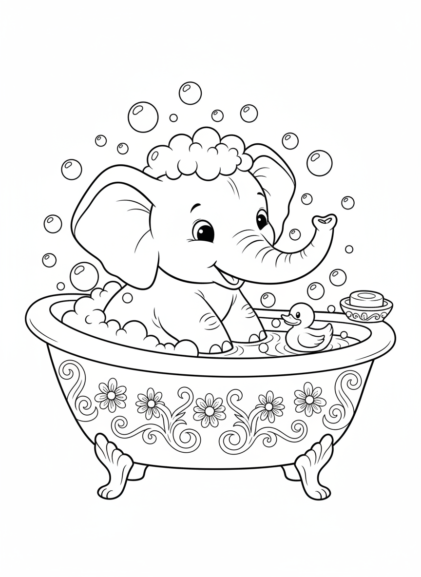 Baby Elephant Bubble Bath Coloring Page