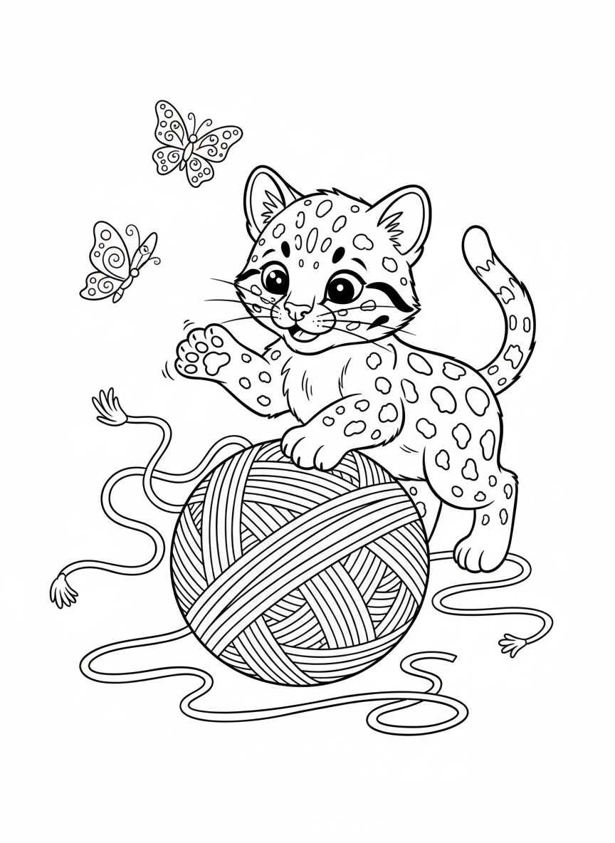 Baby Leopard Cat & Yarn Ball Coloring Page