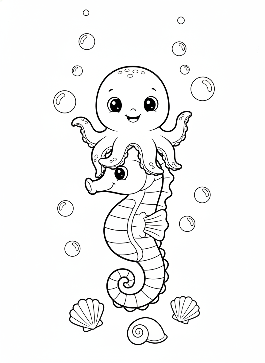 Baby Octopus Seahorse Ride Coloring Page