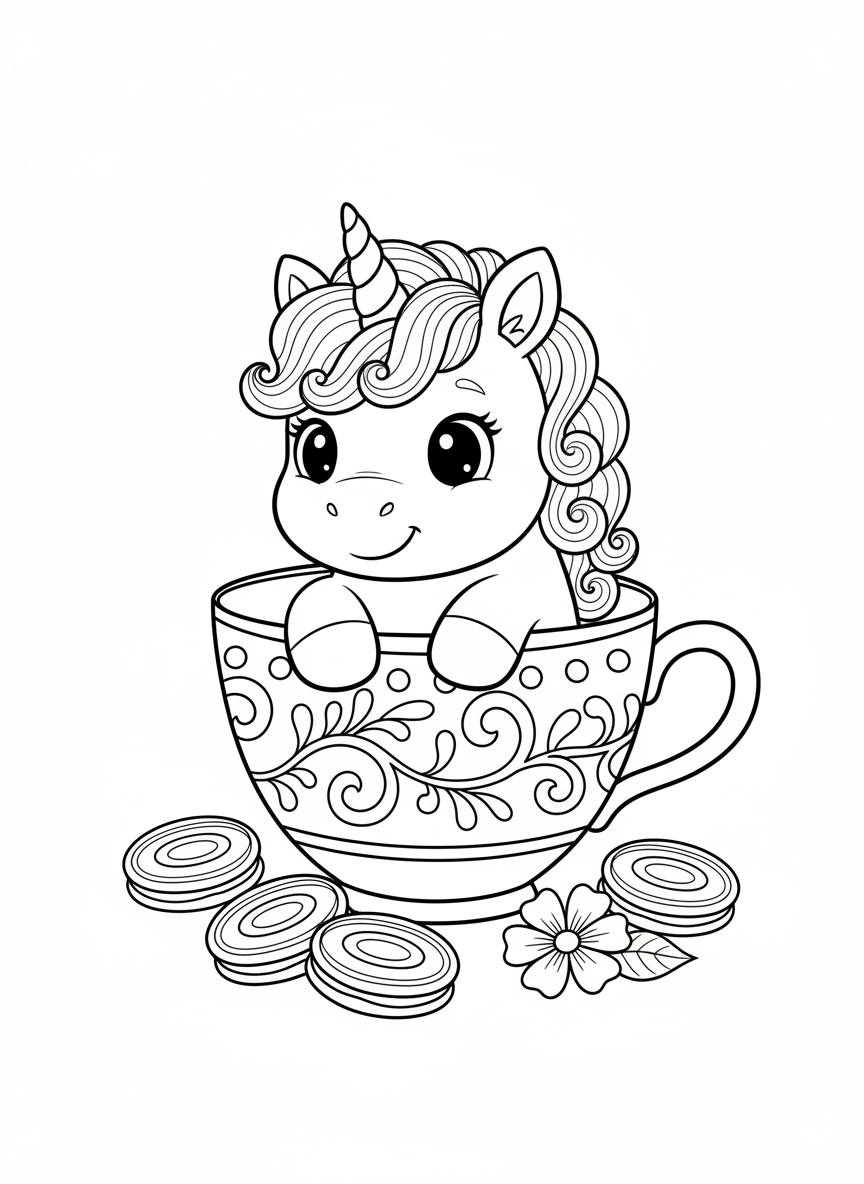 Baby Unicorn Peeking from Teacup Coloring Page