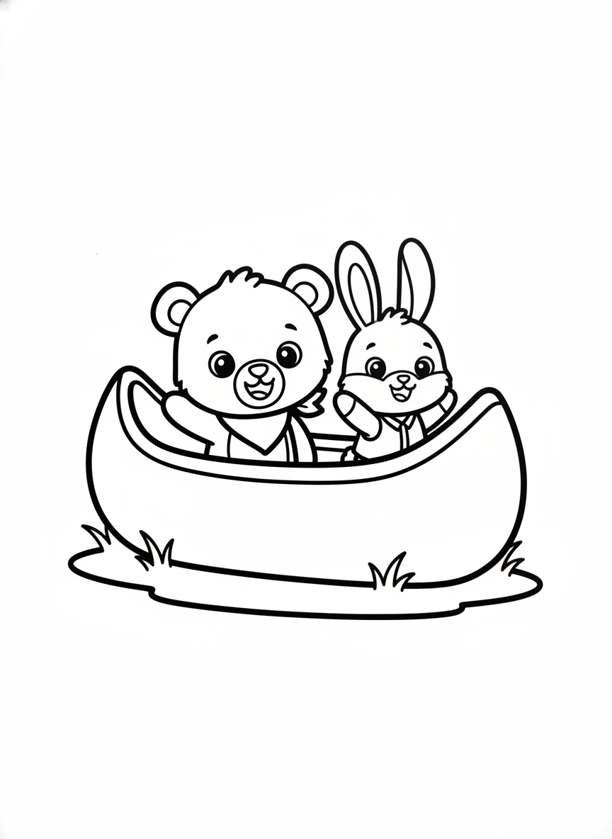 Bear Cub & Rabbit Canoe Adventure Coloring Page