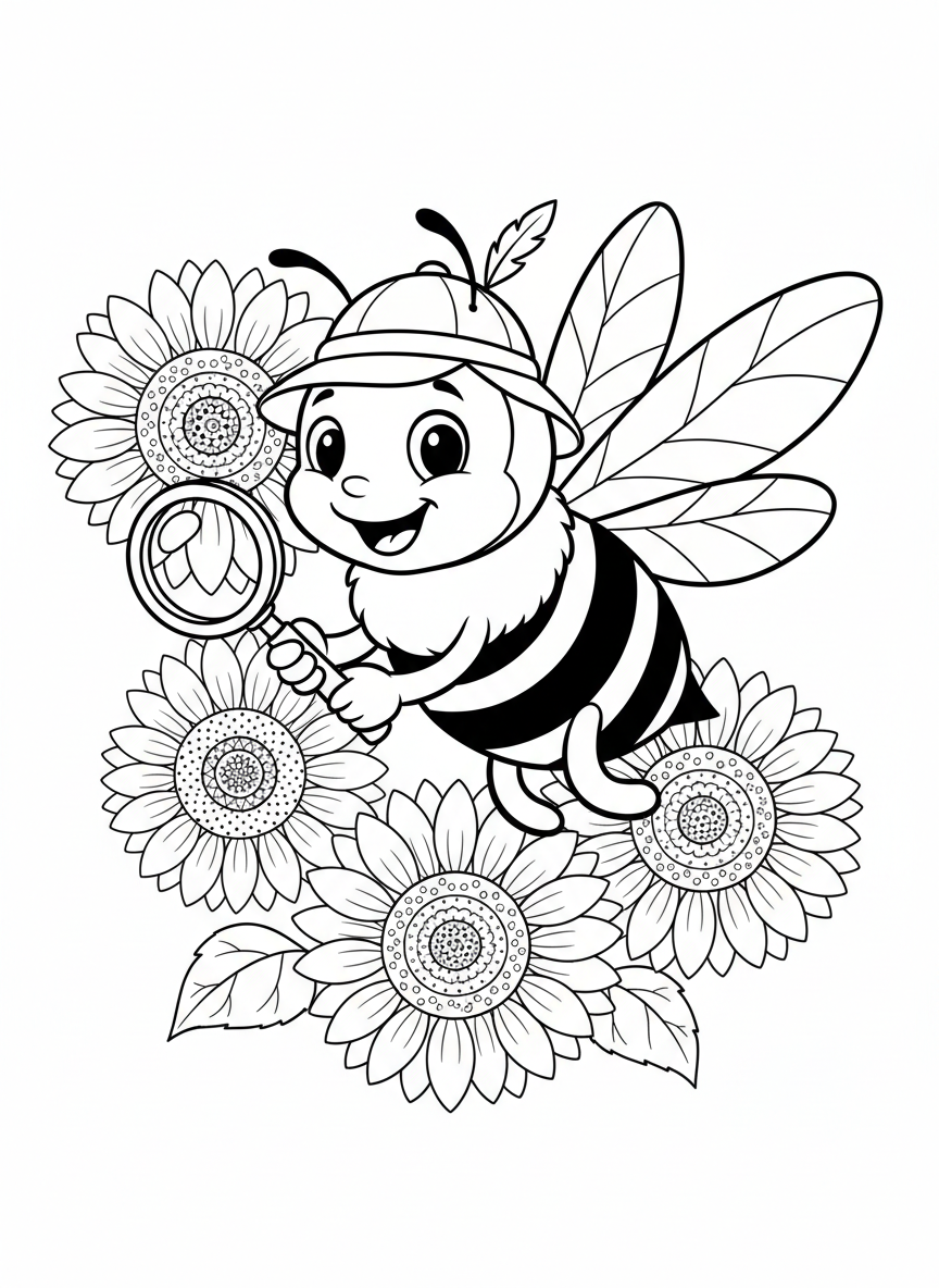 Bee Explorer in Sunflower Field Coloring Page