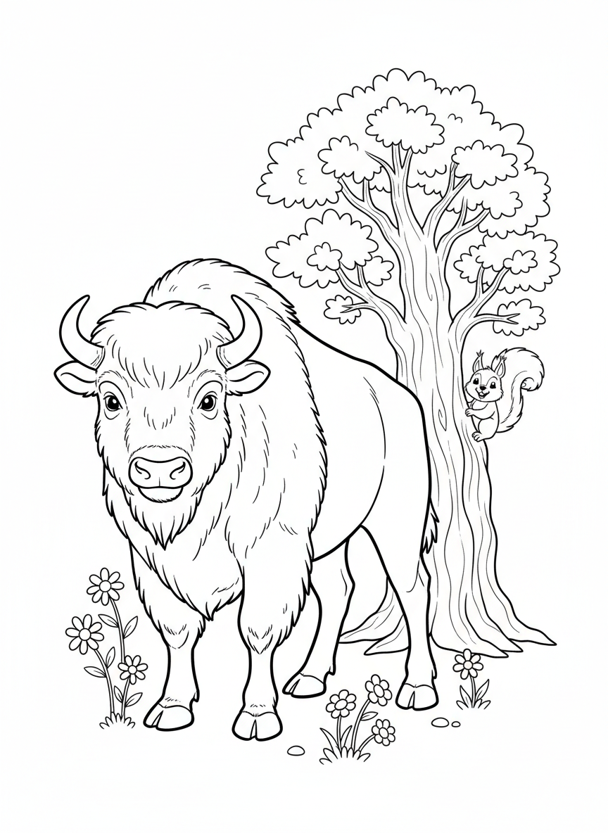 Bison & Squirrel by Ancient Oak Coloring Page