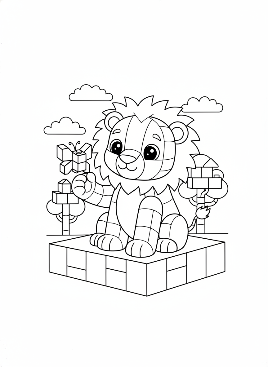 積木獅子幼崽與蝴蝶著色頁