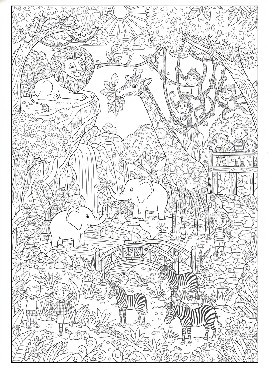 Bustling Zoo Adventure: A Highly Detailed Coloring Page for Kids