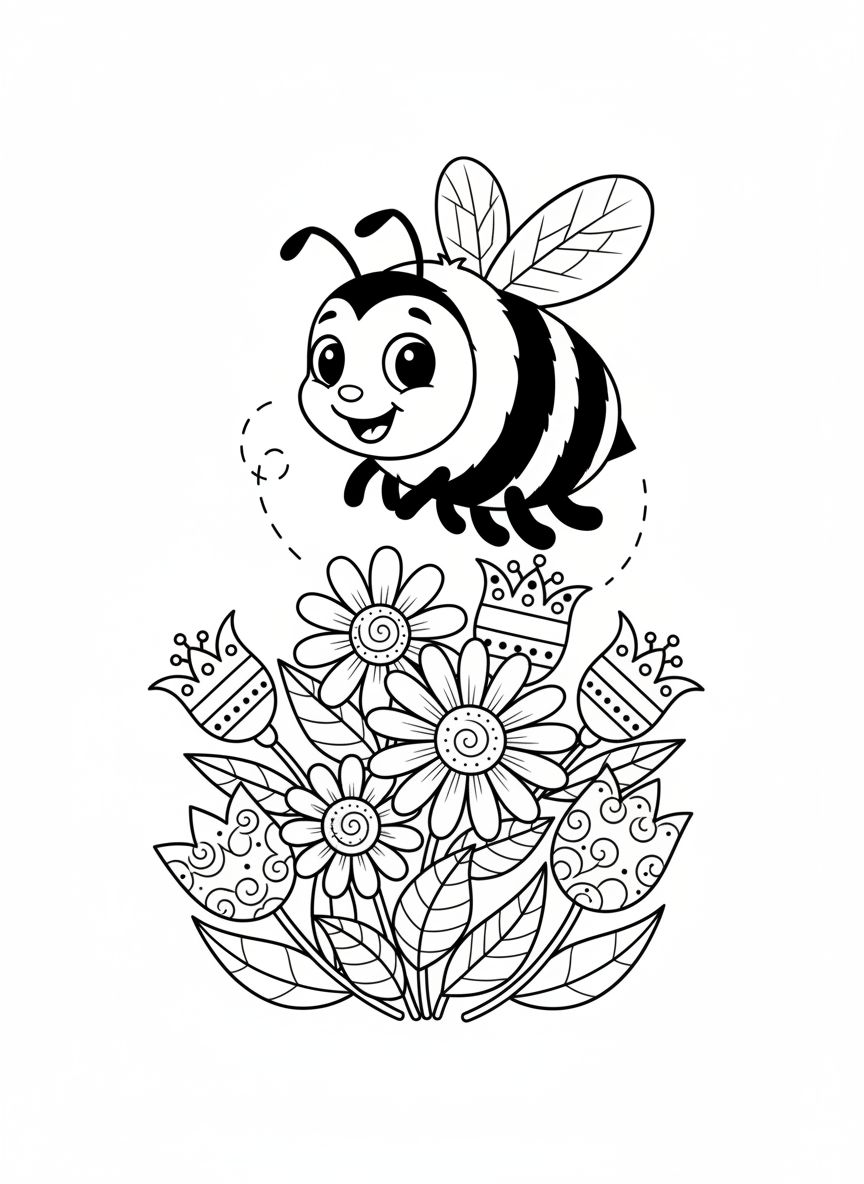 Buzzing Bumblebee with Flowers Coloring Page for Kids