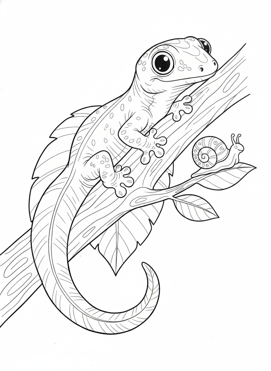 Camouflaged Leaf-Tailed Gecko & Snail Jungle Coloring Page