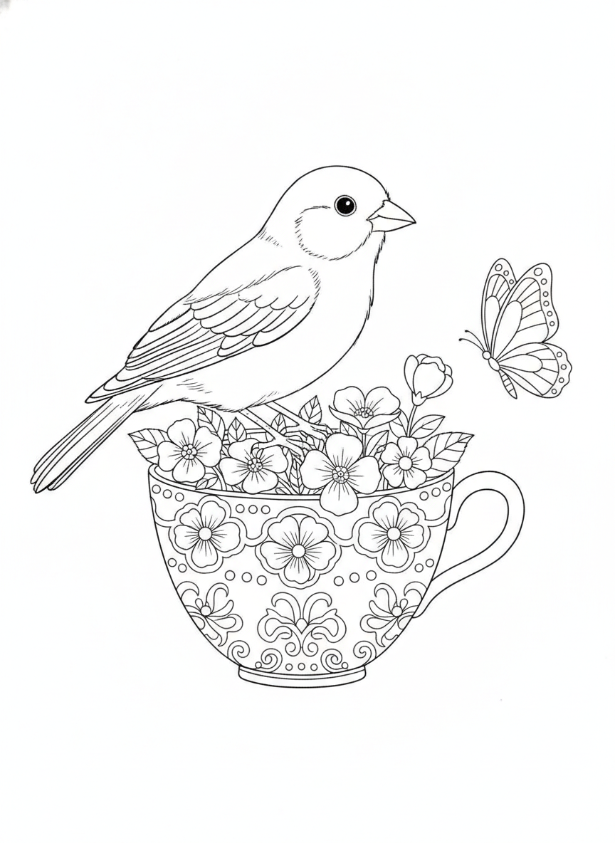 Charming Canary and Teacup Coloring Page for Kids