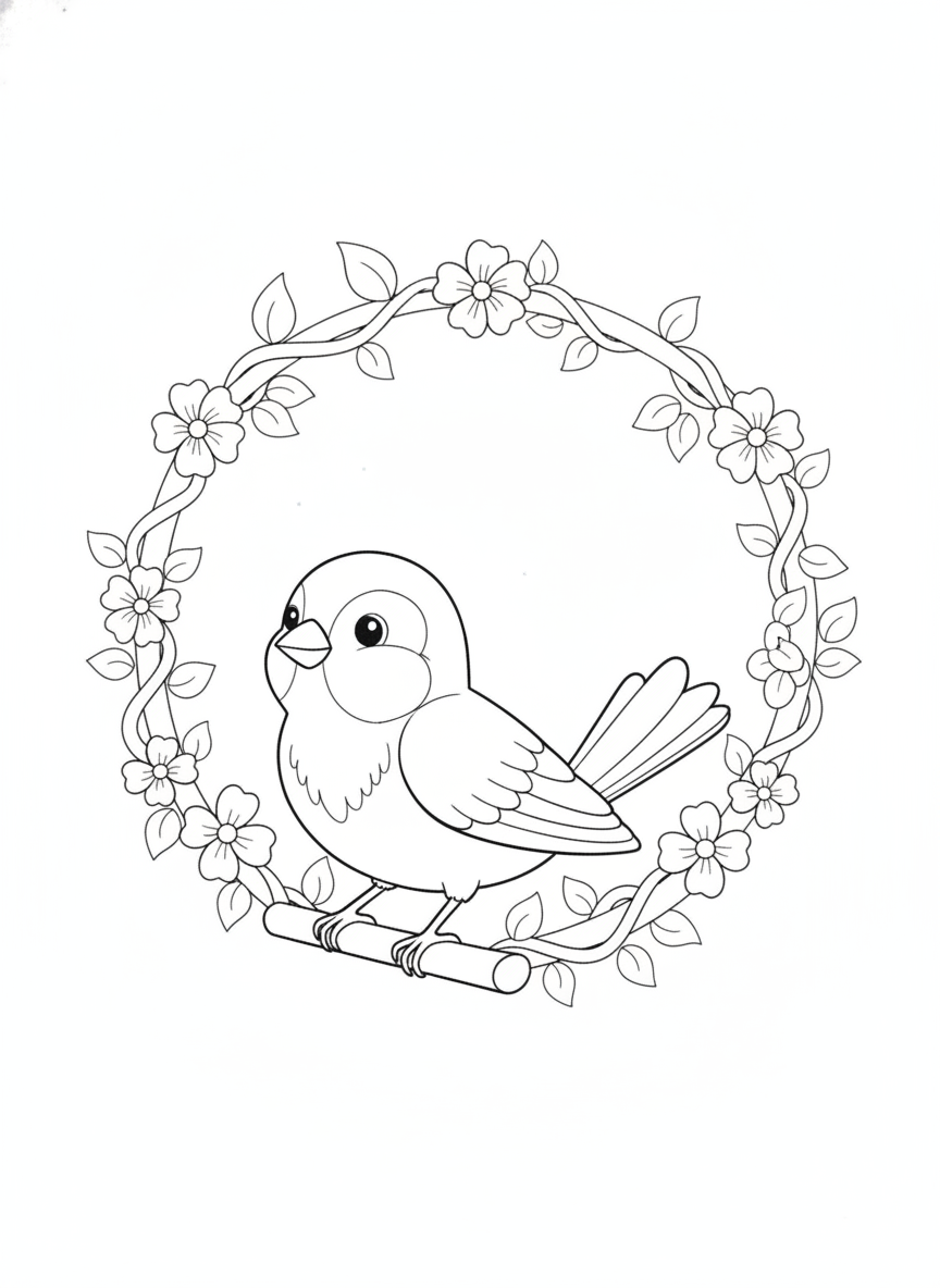 Charming Canary on a Whimsical Floral Swing Coloring Page