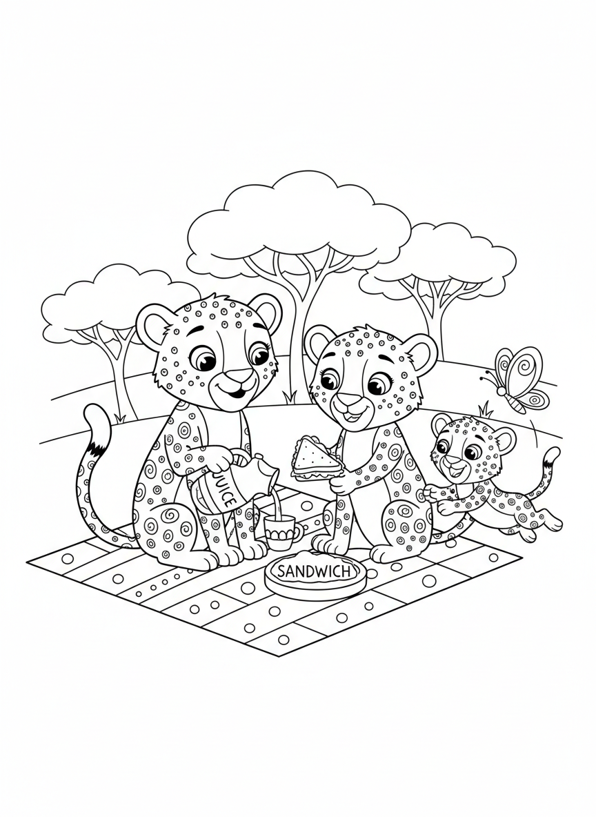 Charming Cheetah Family Picnic Coloring Page