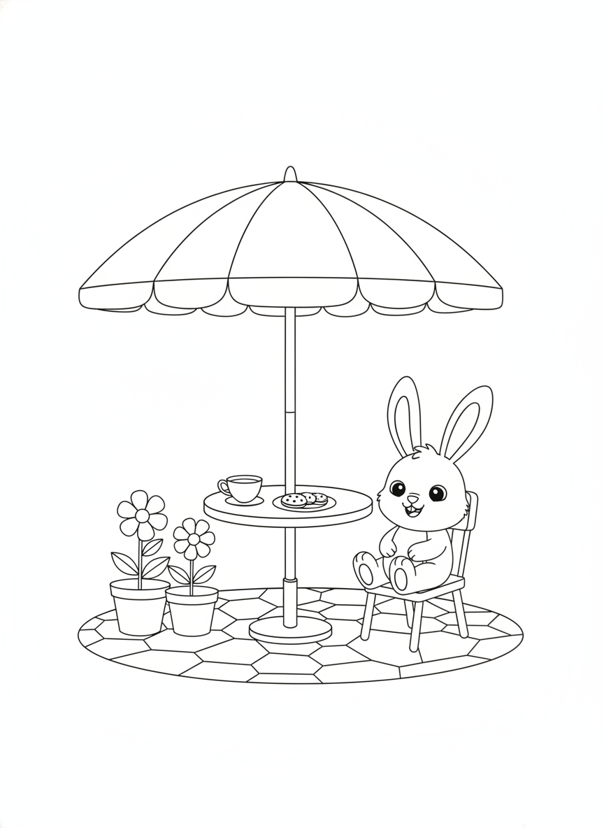 Charming Garden Patio with Friendly Rabbit Coloring Page