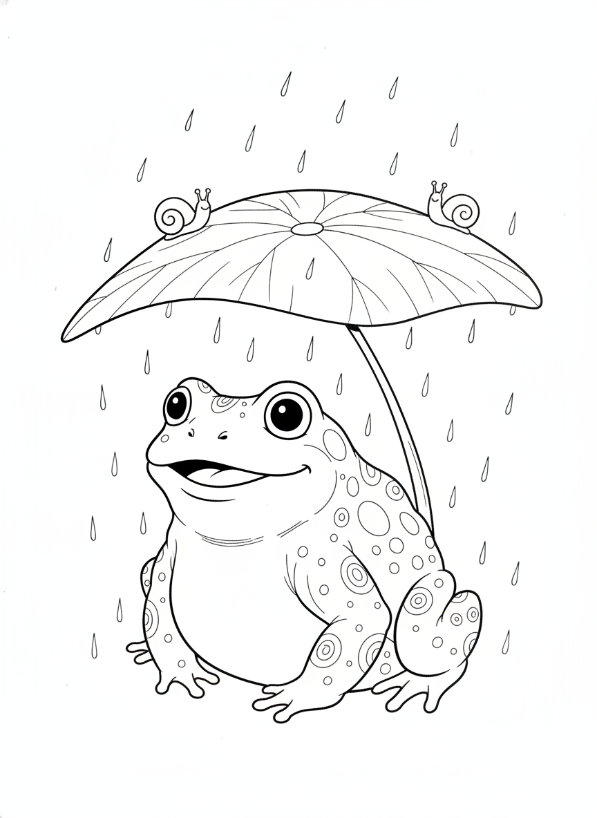 Charming Giant Toad Under a Leaf Umbrella Coloring Page