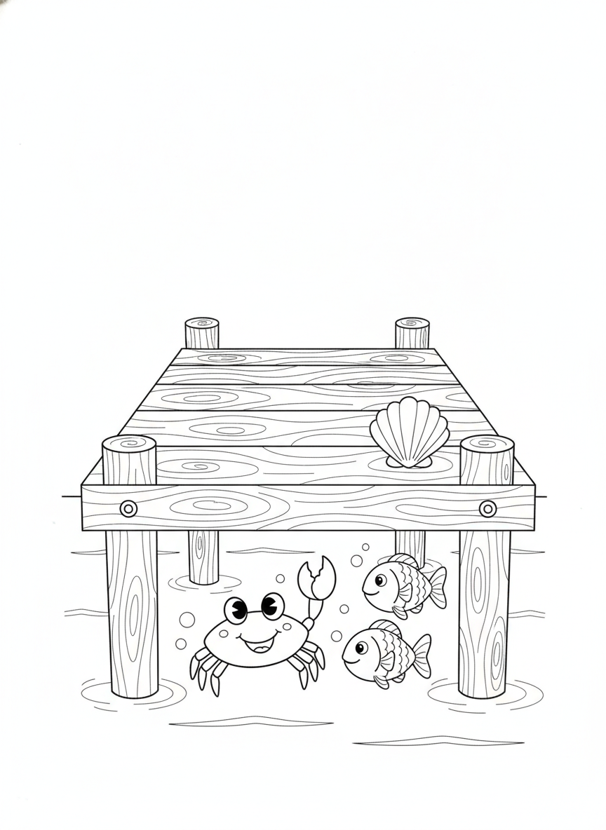Charming Ocean Pier with Friendly Crab and Fish Coloring Page for Kids