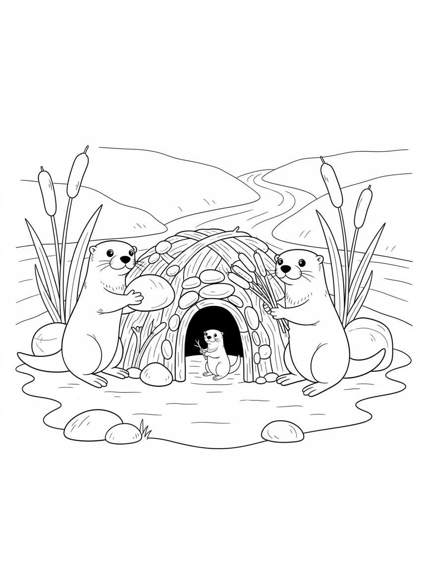 Charming Otter Family Den Coloring Page