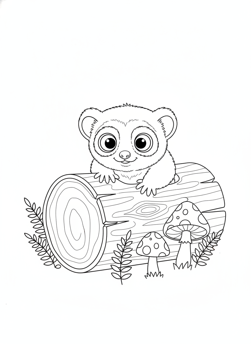 Charming Slow Loris Peeking from a Cozy Log Coloring Page for Kids
