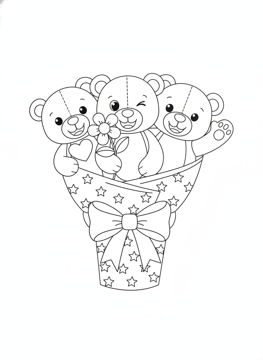 Charming Teddy Bear Bouquet Coloring Page for Kids