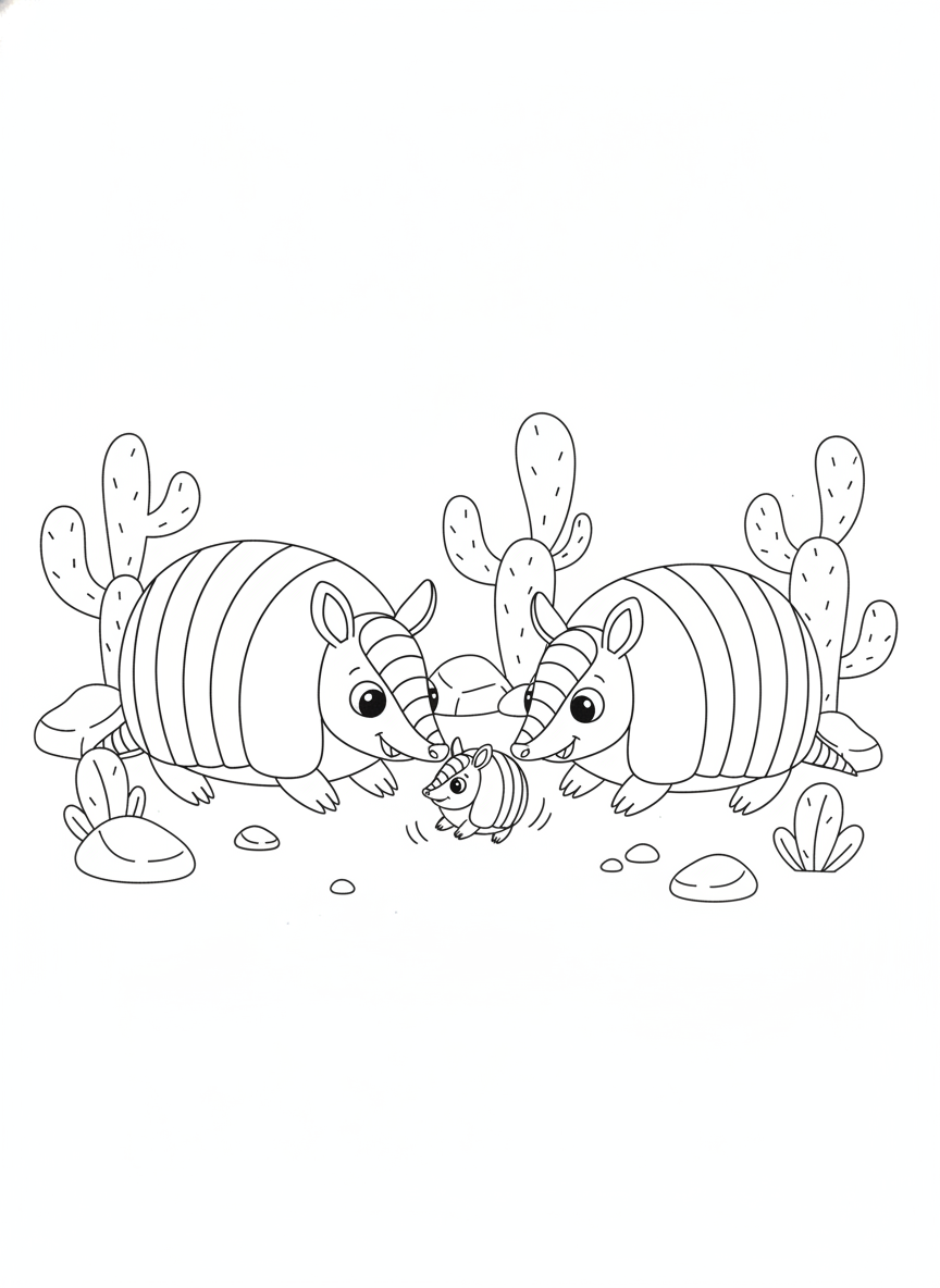 Cheerful Armadillo Family: A Desert Adventure Coloring Page for Kids