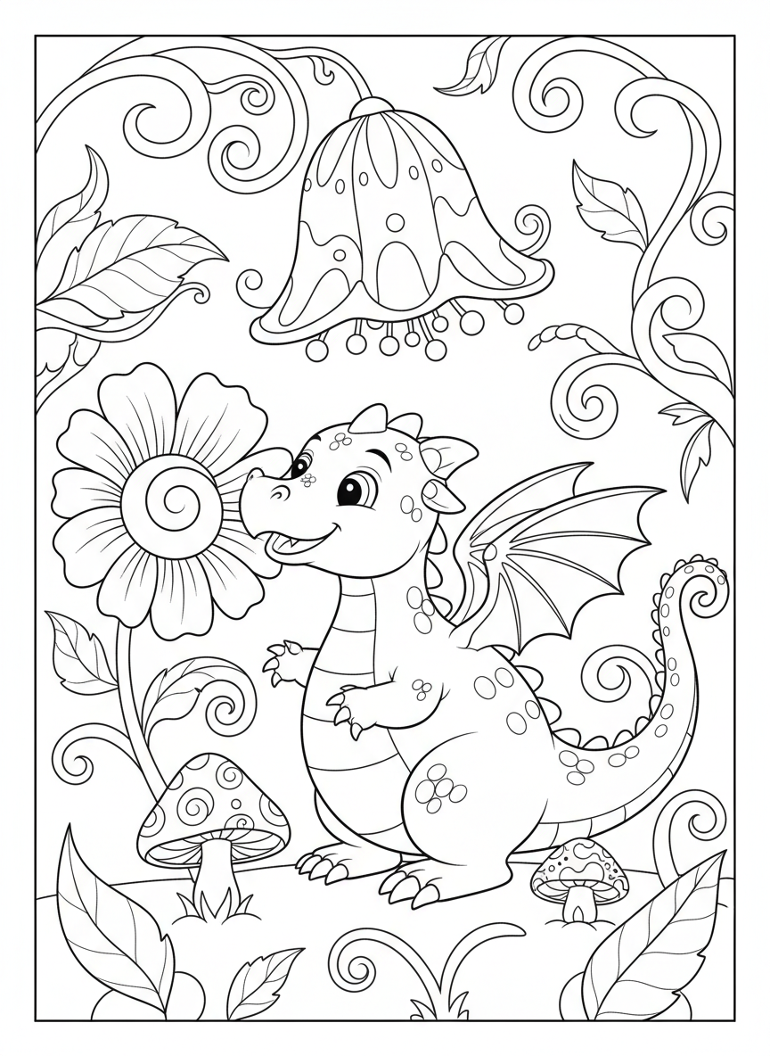 Cheerful Baby Dragon in a Magical Garden Coloring Page