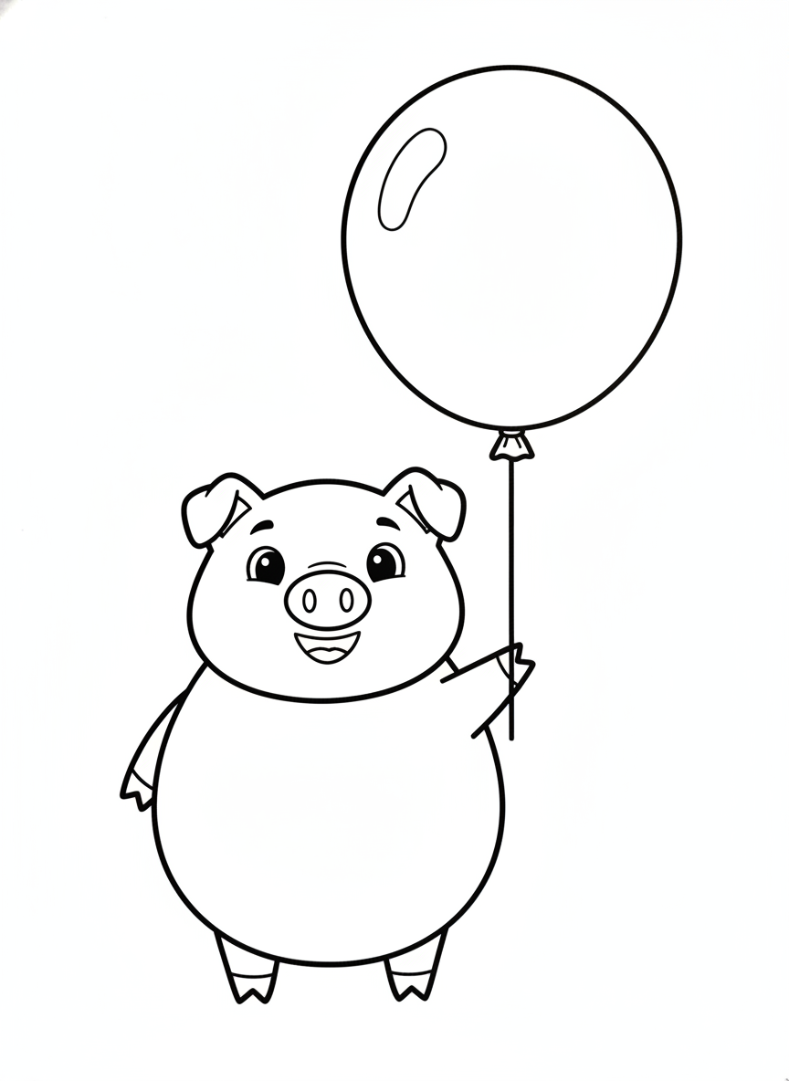 Cheerful Cartoon Pig with Balloon Coloring Page for Kids
