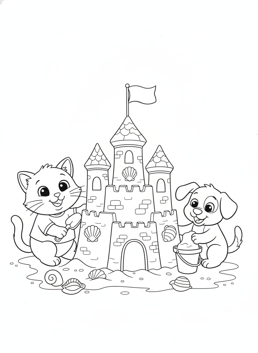 Cheerful Cat and Playful Dog Build a Sandcastle on a Sunny Beach