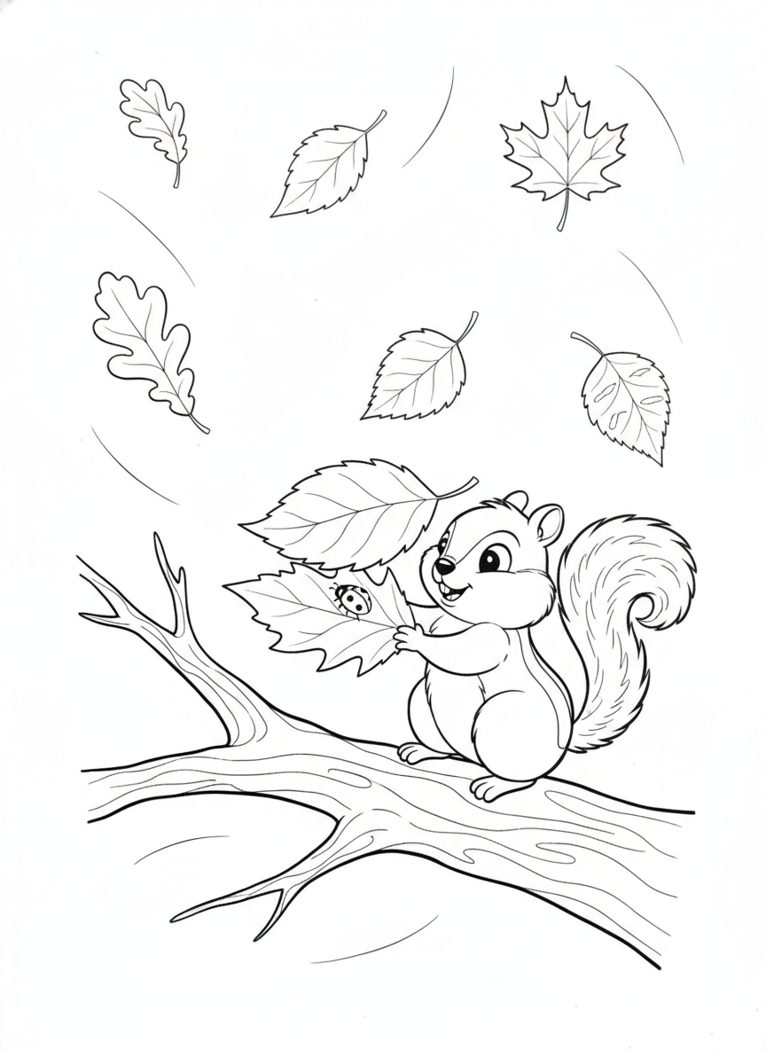 Cheerful Chipmunk Stacking Autumn Leaves Coloring Page