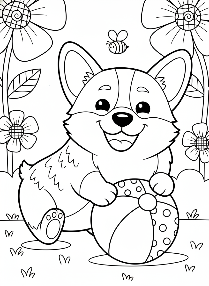 Cheerful Corgi Dog Playing with Beach Ball in the Garden Coloring Page