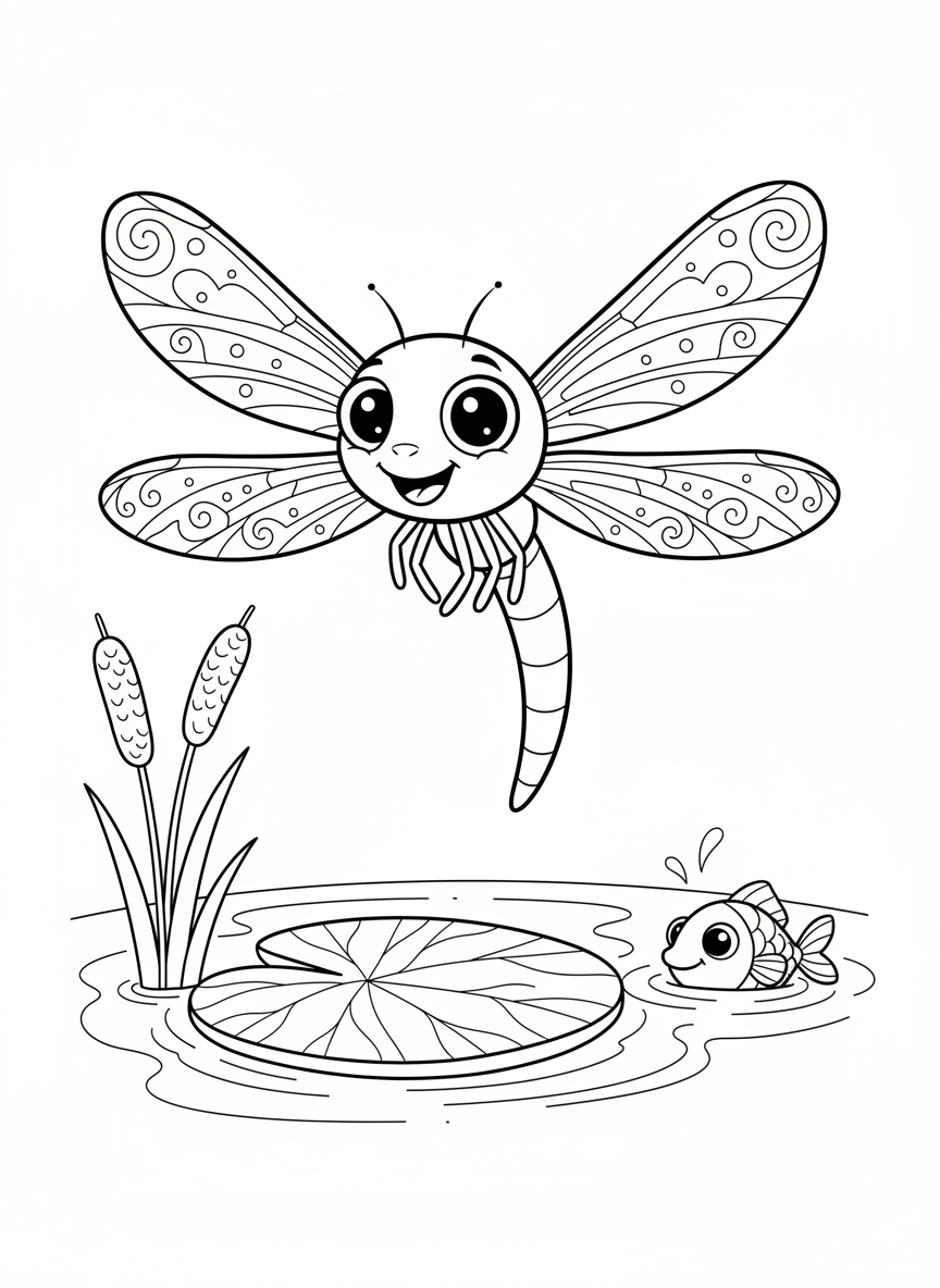 Cheerful Dragonfly Pond Scene Coloring Page for Kids