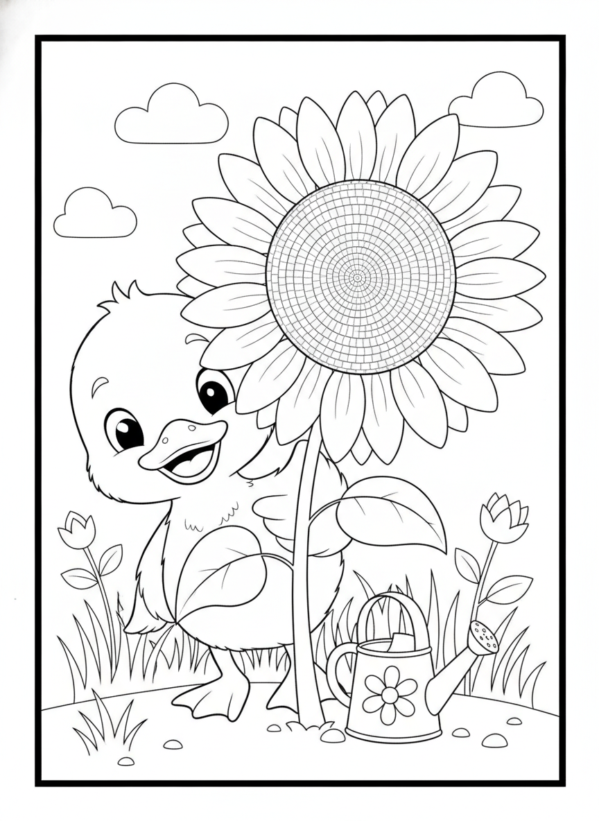 Cheerful Duckling in a Sunflower Garden Coloring Page for Kids