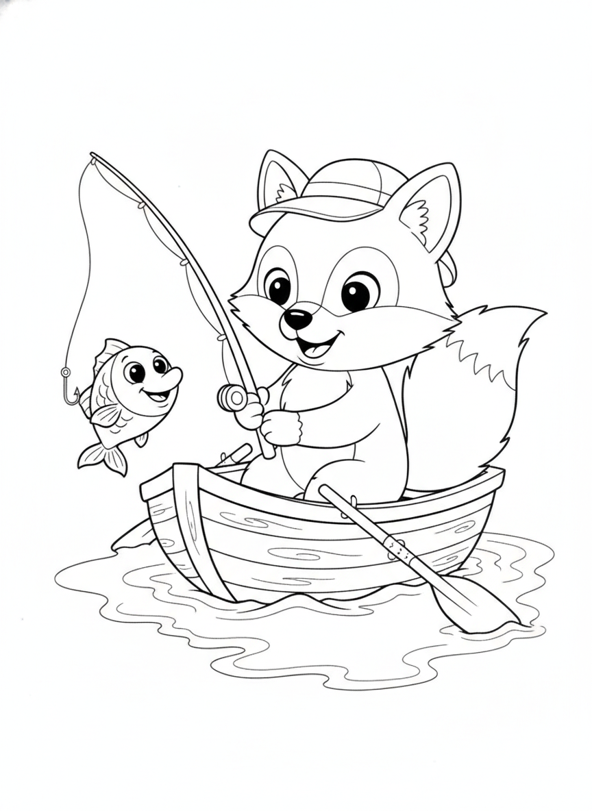 Cheerful Fox Fishing Adventure Coloring Page for Kids