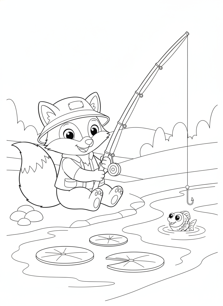 Cheerful Fox Fishing by the River Coloring Page for Kids