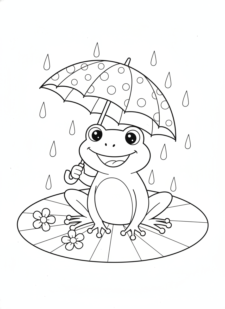 Cheerful Frog with Umbrella Coloring Page for Kids
